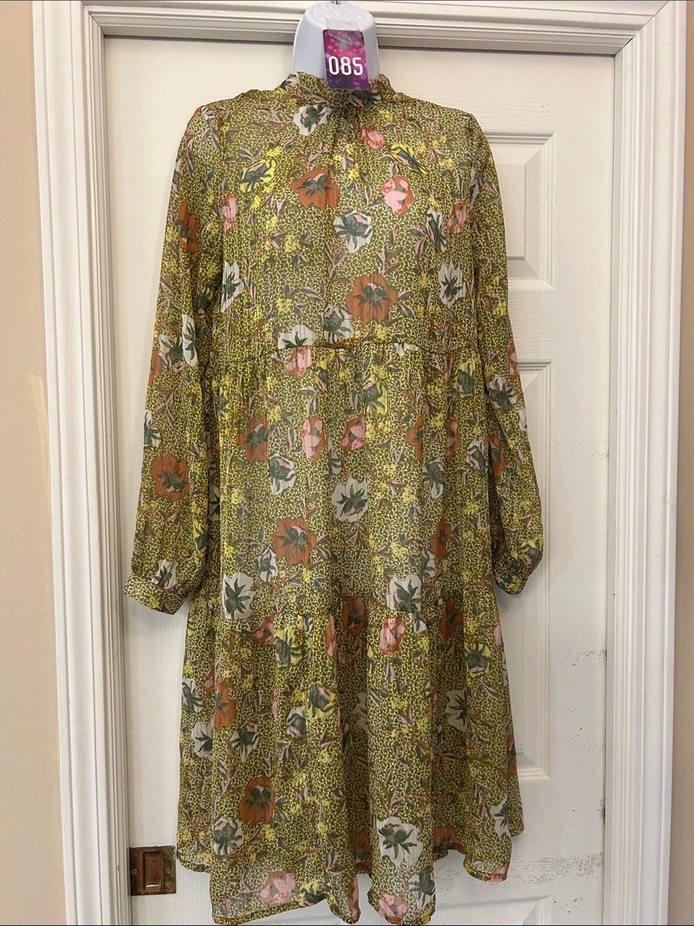 Vero Moda Olive Green Floral Long Sleeve Tiered Midi Dress